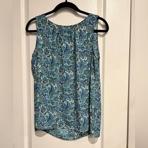 Blue Sleeveless Floral Blouse with Pleated Neckline